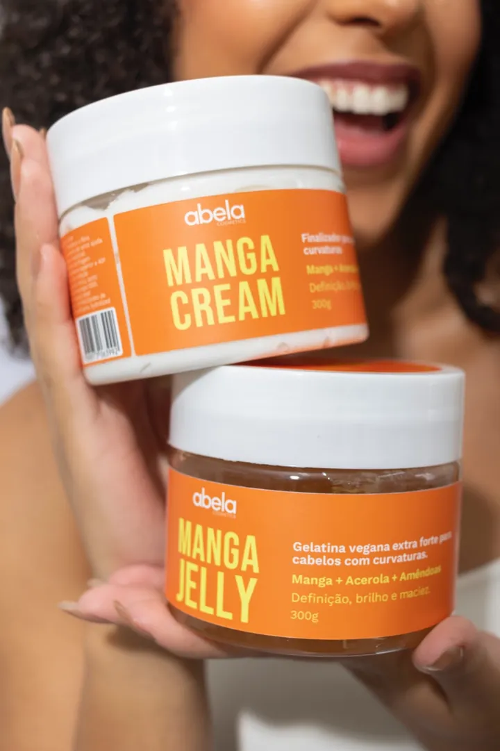 Manga Cream e Manga Jelly da Abela, dois potes laranja de 300g para cabelos com curvatura.