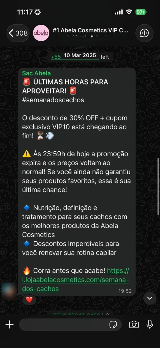 Aviso de últimas horas da Semana dos Cachos, com 30% de desconto mais cupom exclusivo para membros do grupo.